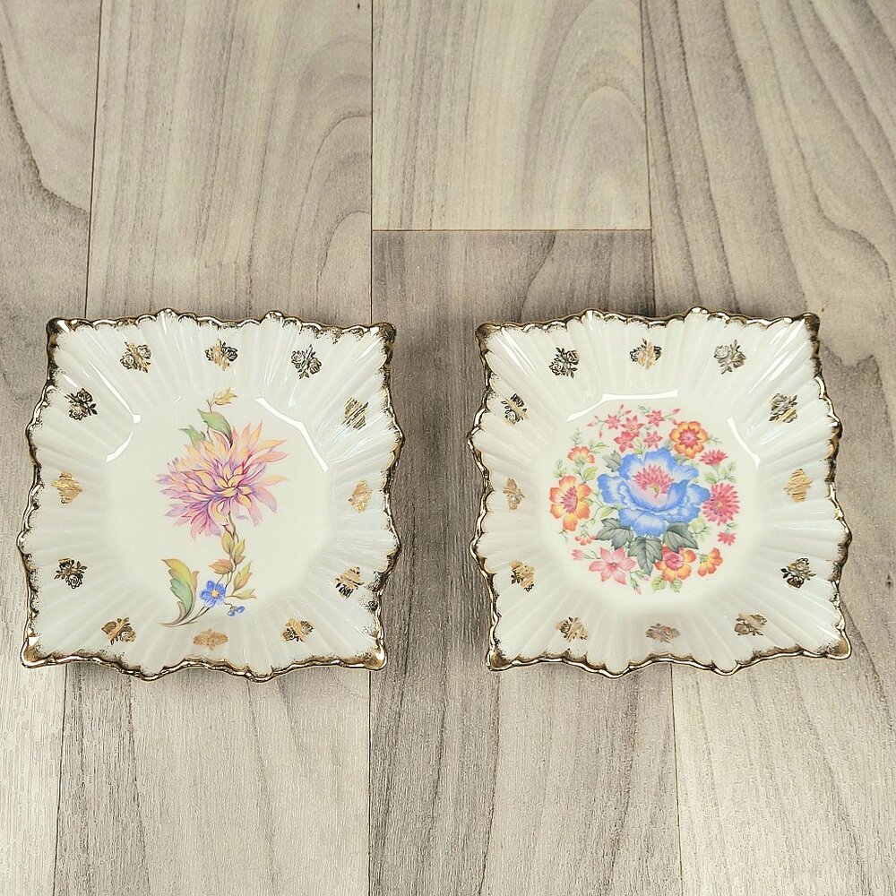 Schwarzenhammer  Trinket Dish LOT of 2 - Floral 5" Square - Bavaria Germany